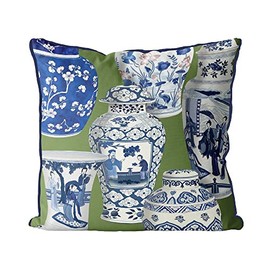 Kelly Stevens-McLaughlan, Chinoiserie Vase Collage #3 on Green Cushion / Pillow Cover, Zippered Base, Full Piping, 18 Inches x 18 Inches
