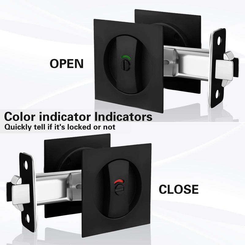 KIDOACOW Black Pocket Door Lock with Edge Pull, Red-Green Indication