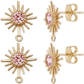 Beebeecraft 1 Box 10Pcs Sun Stud Earring Finding 18K Gold Plated Earring Post with Pink Cubic Zirconia Earring Component for Jewelry Making