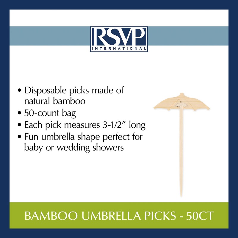 RSVP International Compostable Bamboo Serving & Cocktail, Umbrella Picks, 50-Count,
