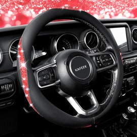 KAFEEK Bling Diamond Steering Wheel Cover Microfiber Leather Universal 15 inch Steering Wheel Protector Crystal Rhinestones Car Accessories, Breathable, Anti-Slip, Red Diamond