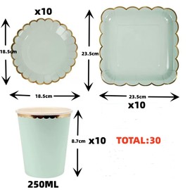 30 piezas de vajilla de papel de colores sólidos con plato redondo, plato cuadrado, tazas, adecuado para cumpleaños, fiestas temáticas, reuniones familiares, etc.(Verde)