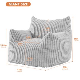 Giant Bean Bag Chairs for Adults with Filling Plush Fluffy Bean Bag Chairs for Teens with Armrests Comfy BeanBag Lazy Couch Sofa Chair for Bedroom Living Room Reading