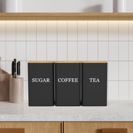 Tea Coffee Sugar Canisters Black 3 Pack - Metal Storage Jars with Airtight Bamboo Lid & Engraved COFFEE/SUGAR/TEA Labels - Square Kitchen Canisters Set 85x85x150mm for Coffee Beans, Tea Bags, Dry Food