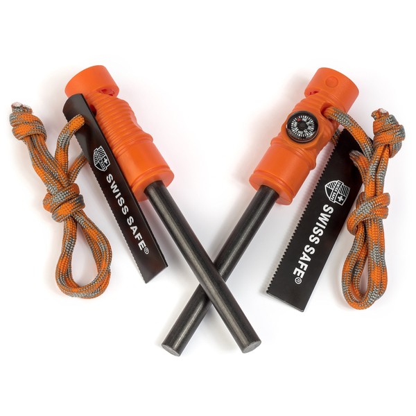 Swiss Safe 5-in-1 Fire Starter with Compass, Paracord and Whistle (2-Pack) for Emergency Survival Kits, Camping, Hiking, All-Weather Magnesium Ferro Rod (Hunting Orange)