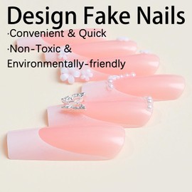 Press on Nails Coffin Long 24Pcs Glossy Full Cover French Acrylic Square Pink False Nails with Pearl Floral Butterfly Designs Artificial Ballerina Fake Nails with Glue Stick on Fingernails for Women