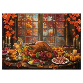 Thanksgiving Fall Puzzle for Adults 1000 Pieces, Holiday Food Turkey Jigsaw Puzzle Autumn, Flower Pumpkin Fruit Puzzle