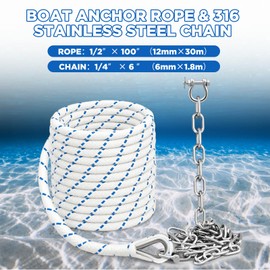 1/2" Boat Anchor Rope 100 ft with Anchor Chain 1/4" x 6 ft