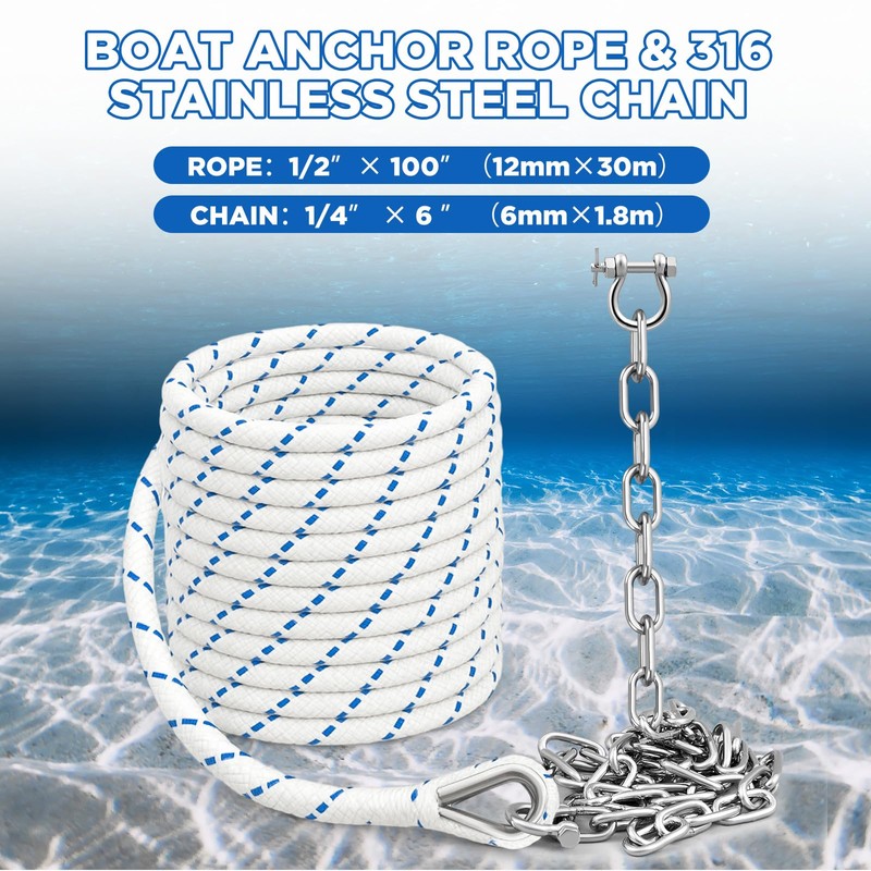 1/2" Boat Anchor Rope 100 ft with Anchor Chain 1/4"
