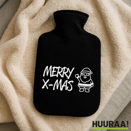 Huuraa Wärmflasche Merry X-Mas Weihnachtsmann Geschenk 1,8 Liter Black Classic Veloursbezug Merry X-Mas Präsent