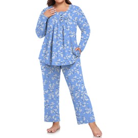 POPYOUNG Womens Plus Size Pajama Button Down Sets Lounge Outfits Long Sleeve Sleepwear 2 Piece Pjs with Pockets L-5XL 3XL,White Floral-Blue