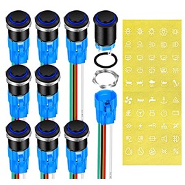 DaierTek 12 Volt Momentary Push Button Switch Waterproof Blue LED Light 12V Illuminated 16mm Metal Black Power Start Pushbutton -9 Pack