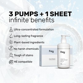 FREY Classic Laundry Bundle – Concentrated Liquid Detergent (Up to 50 Loads) + Dryer Sheets (30 Sheets) – Plant-Derived Formulation, HE Compatible (Fragrance Free)
