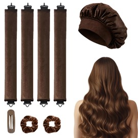 8 Pcs Brown Hair Rollers with Hooks & Satin Hat Heat Free Overnight