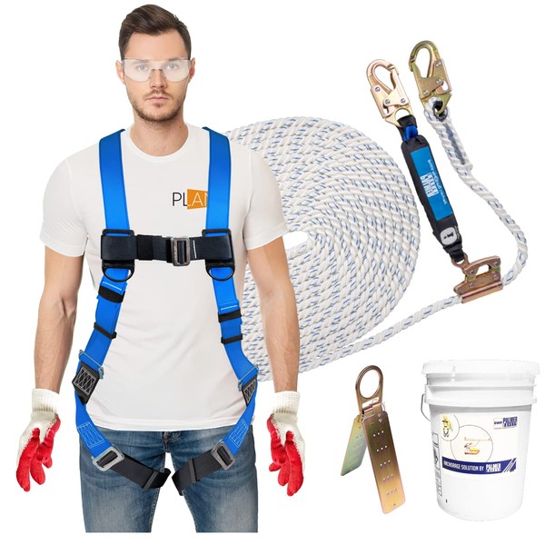 ATERET Bucket of Roof Harness Safety Kit, 50 ft. Vertical Lifeline Assembly, Reusable Anchor, 4 Gallons Bucket, Safety Harness Fall Protection Kit