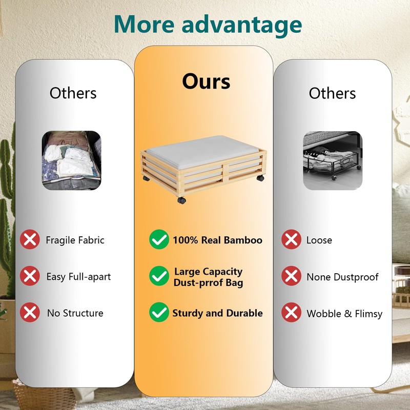 Wisuce Bamboo Under Bed Storage Containers- Underbed Organizer with Wheels