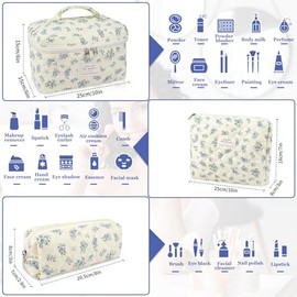 Gosect Bolsa de maquillaje acolchada floral, 3 tamaños, algodón natural, para viaje y organización de cosméticos, regalo para mujeres