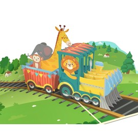 MOKIO® Pop Up Card - Steam Train with Animals - 3D Greeting Card Birthday or Zoo Visit Birthday Card for Girls and Boys