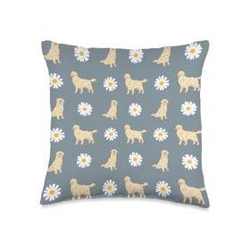 Golden Retriever and Daisy Flower Pattern Dusty Blue Throw Pillow