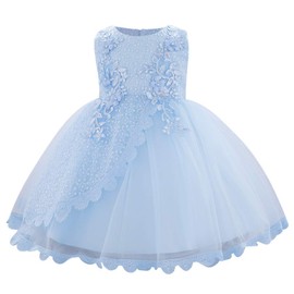 Toddler Birthday Dress for 1 Year Old Girl Flower Lace Embroidery Bowknot Princess Tulle Tutu Bridesmaid Wedding Special Occasion Party Pageant Graduation Formal Prom Gown Blue 6-9 Months