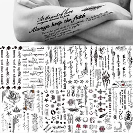 TASROI 12 Sheets Black Inspired Quotes Temporary Tattoos For Women Kids Children Long Lasting Letter Alphabet Words Fake Tattoo Stickers Birds Cross ECG infinity Moon Star Neck Arm Tatoo For Men Adult