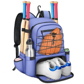 MATEIN Youth Softball Backpack, Lightweight Baseball Bag for 4 Bats with Shoe Pocket & Ball Pocket, Large Capacity Catchers Backpack with Fence Hook for TBall Bat & Equipment, Helmet, Glove, Purple