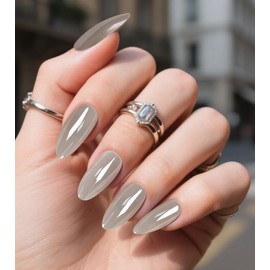 Artquee Press on Nails Medium Length Galaxy Aurora Shine Almond False Tips Gray Glossy Reusable Fake Stick on Nails Kit for Women - 30 Pcs 15 Sizes