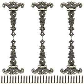Aifeier ET 6Pcs Vintage T-Shape Hinge, 4-1/2" x 2-3/4" Antique Bronze Decorative Hinges, Carved Alloy Hinge with Screws for Small Wooden Box, Jewelry Box, Cupboard, Gate Cabinet, Wardrobe