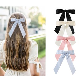 Koolgil Women's Oversized Ribbon Long Tail Bow Spring Hair Clip Hair Accessory High-end Satin Hair Clip (B- Black Beige Pink Blue)
