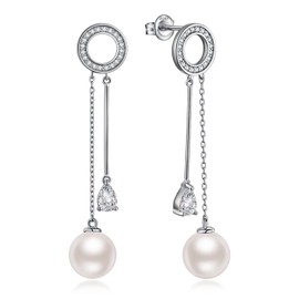 Pearl Dangle Earrings Pearl Diamond Earrings Silver Pearl Drop Earrings for Women Sterling Silver Pearl Stud Earrings for Women Pearl Dangling Earrings Cubic Zirconia Freshwater Pearl Earrings 10MM