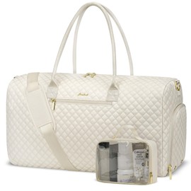 Weekender Travel Duffle Bag for Women: Overnight Bags with Shoe Compartment Carry on Bags for Airplanes with Toiletry Bag Hospital Bag Weekend Yoga Gym Bag with Wet Pocket Travel Duffel Tote Bag Beige