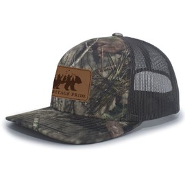 Heritage Pride Scenic Bear Engraved Leather Patch Mens Trucker Hat Baseball Cap, Break Up Country Camo/Chocolate