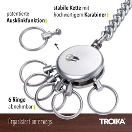 Troika Patent Chain – KR10-60/MA – keyring with chain – incl. carabiner – 6 exchangeable rings – metal/brass – matt – chrome plated – silver original
