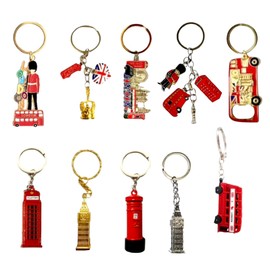 London Landmarks Keychain Set - 10-Piece Collection of Iconic British Symbols - Durable Metal Key Rings with Union Jack, Red Bus, Big Ben - Perfect England Souvenirs and Gift