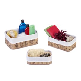 Relaxdays Set of 3 Bamboo Storage Baskets with Fabric Cover, 3 Sizes, Nappy Basket, Bathroom, Cosmetics & Towels, White/Natural