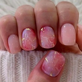 24 pcs Coffin Fake Nails Medium, Romantic French Tip Press on Nails, Pink Spring Stick on Nails for Women and Girls, Acrylic Medium Glue on Nails for Nail Art