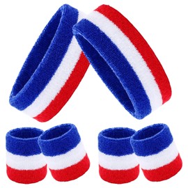 Avxdbr 6Pcs Sweatbands Set 80s 90s Neon Sports Headbands Wristband Set for Men Women Tennis Striped Sweat Bands Wristbands for Sports Gym Cosplay Party (Red, White, Blue, One Size)