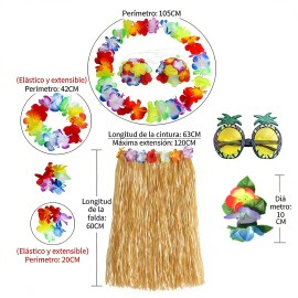 Disfraz Hawaiano Mujer Falda Gafas Collar Tropicales Fiesta