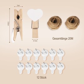 Pack of 100 Heart Clothes Pegs, BOZILY Mini Wooden Clothes Pegs with 20 Metres Jute String and 12 Traceless Nails, Wooden Pegs for Photos DIY Photo Wall and Wedding Party Decoration (White)