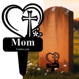 Mom Memorial Grave Stake, Cemetery Decorations for Grave Markers 12.5 x 7.2 inch Heart Metal Sympathy Stakes Graveside Plaque Decor Sign for Mother Graves, Yard, Garden - Black-Mom