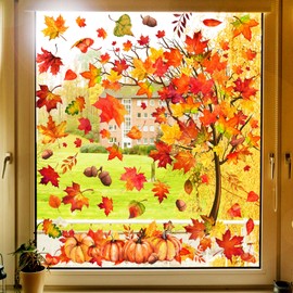 Whaline 6 Sheets Fall Maple Leaves Window Clings Thanksgiving Watercolor Maple Tree Orange-Brown Leaves Pumpkins Decals Double-Sided Glass Window Stickers for Autumn Harvest Home School Party Supplies