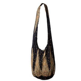 CCcollections Boho Crossbody Bags For Women & Men Cotton Shoulder Bag Large Hippie Sling Bag for Travelling, Outing, Parties and More (Black Feather 2 Tone)