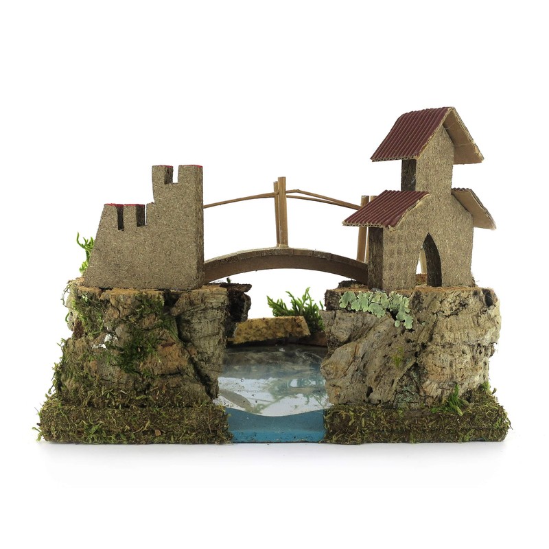 Bertoni Wooden Mountain Lake with Bridge and Tree, Wood, Multi-Colour,