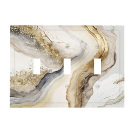 White Gold Marble 3 Gang Triple Toggle Decorative Light Switch Cover Electrical Wall Plates Receptacle Switchplate Faceplates for Bathroom Bedroom