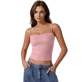 QINSEN Women's Square Neck Tank Top Adjustable Spaghetti Straps Sleeveless Basic Cami Shirts Pink S