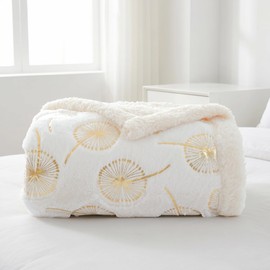 Gold Foil Faux Fur Throw Blanket, Reversible Fluffy Sherpa Fleece Blanket, Elegant Cozy Plush Dandelion Pattern Decorative Blanket for Couch, Sofa, and Bed (White/Gold, Throw (50" x 60"))