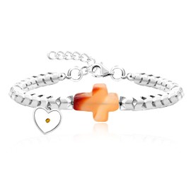 Gear-shaped Hematite Cuff Orange Agate Side Cross Bracelet Adjustable with Heart Mustard Seed Charms Christian Gift Y2106(White, Orange cross)