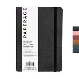 PAPERAGE Softcover Lined Journal Notebook (Black), 160 Pages, Medium College Ruled Notebook, 5.6 inches x 7.9 inches - 100 GSM Thick Premium Paper, Soft Vegan Leather Journal for Home, Work & School