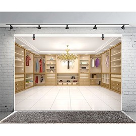 Leyiyi 8x6ft Photography Background Cloakroom Backdrop Modern Dreesing Room Wooden Furniture Locker Clothes Shop Crystal Chandeliers Closet Villa Vlogger Blog Photo Portrait Vinyl Studio Video Prop