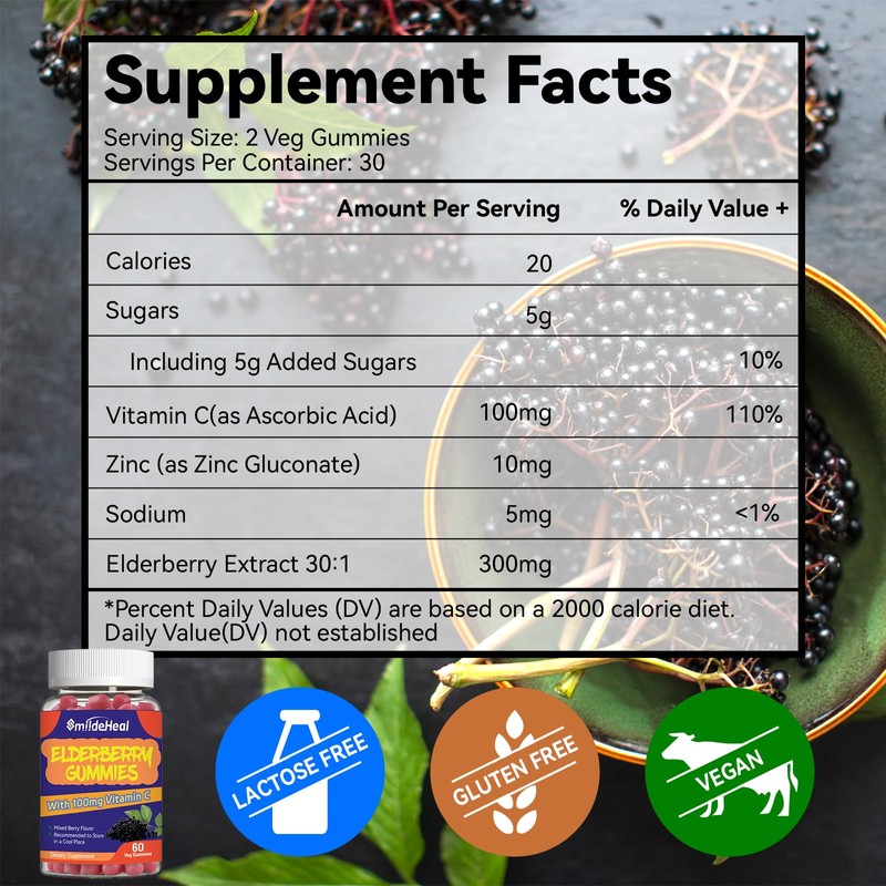SmildeHeal Elderberry Gummies, Elderberry Extract 300mg, with Vitamin C and